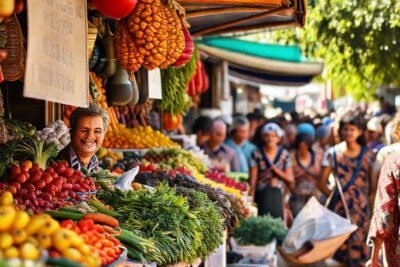 Mercado bullicioso con colores vibrantes