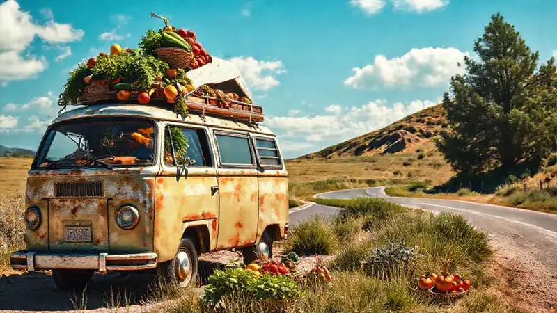 Un camper van rústico, soleado y colorido