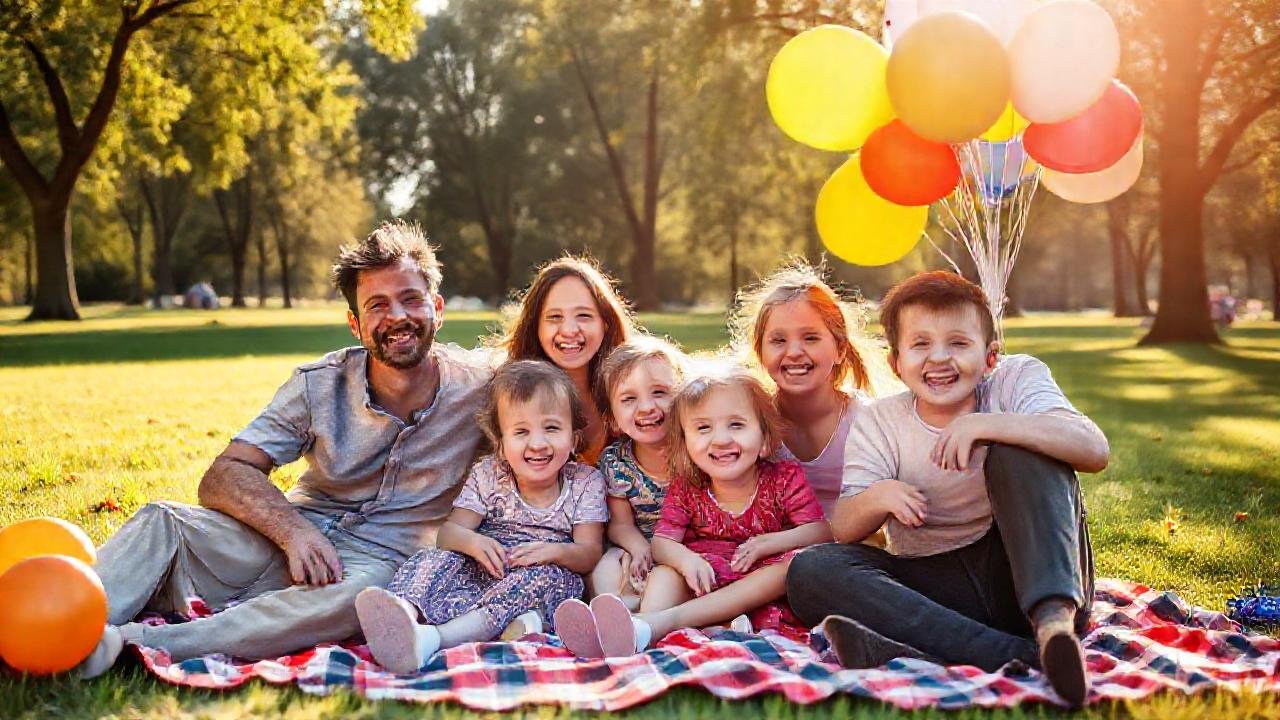 Familia feliz, picnic soleado y barato