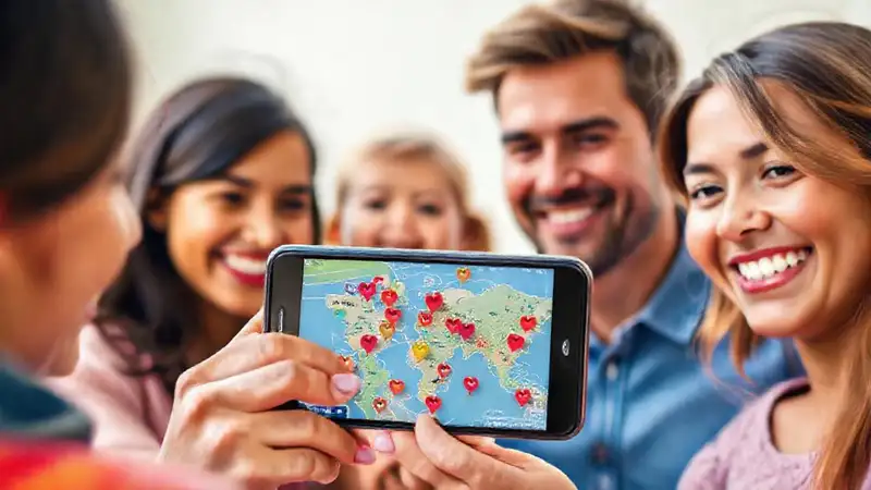 Familia sonriente comparte ubicación digitalmente