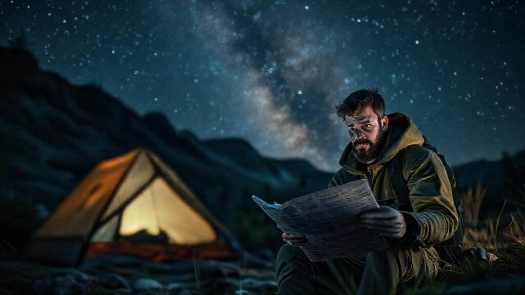 Hiker preocupado en campamento salvaje y estrellado