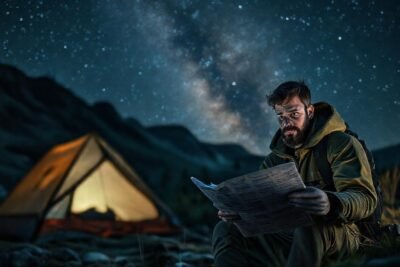 Hiker preocupado en campamento salvaje y estrellado