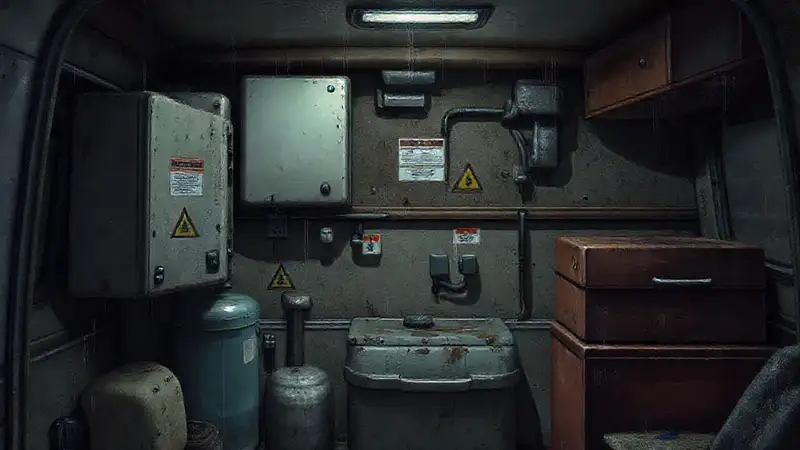 Una autocaravana detallada, deteriorada y oscura