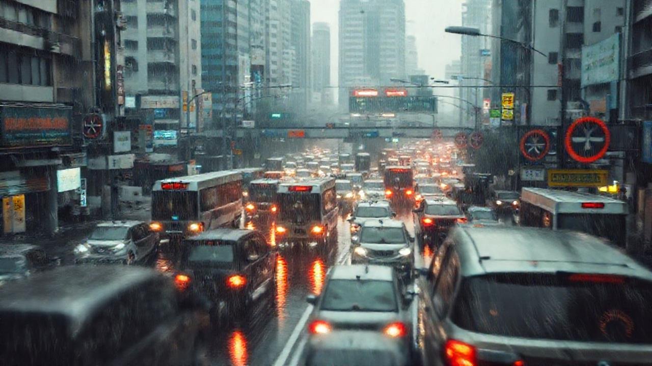 Ciudad futurista, tráfico y lluvia