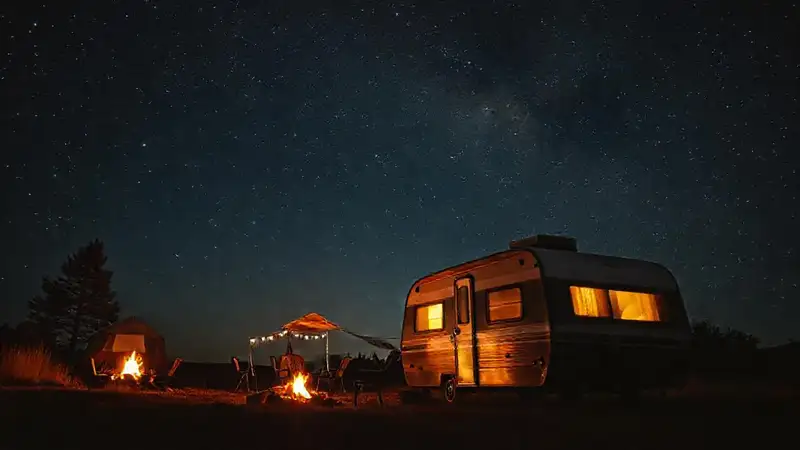 Un autocaravan vintage bajo estrellas