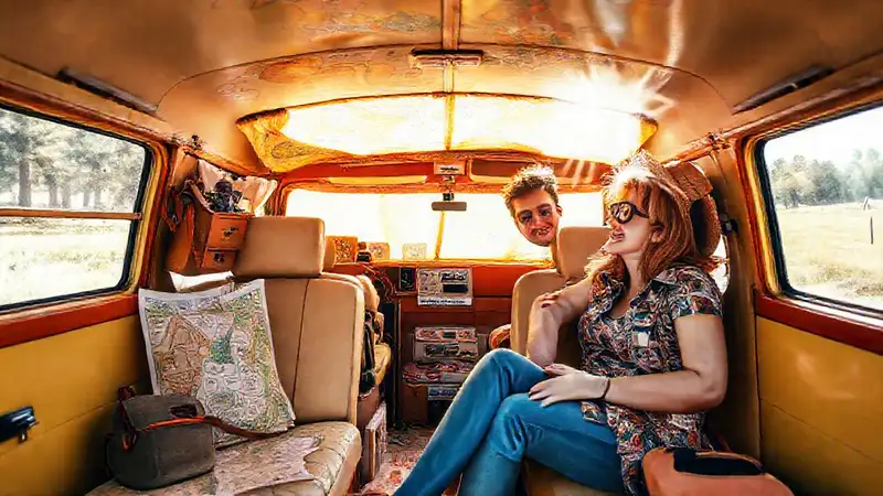 Una pareja viaja feliz en su furgoneta vintage