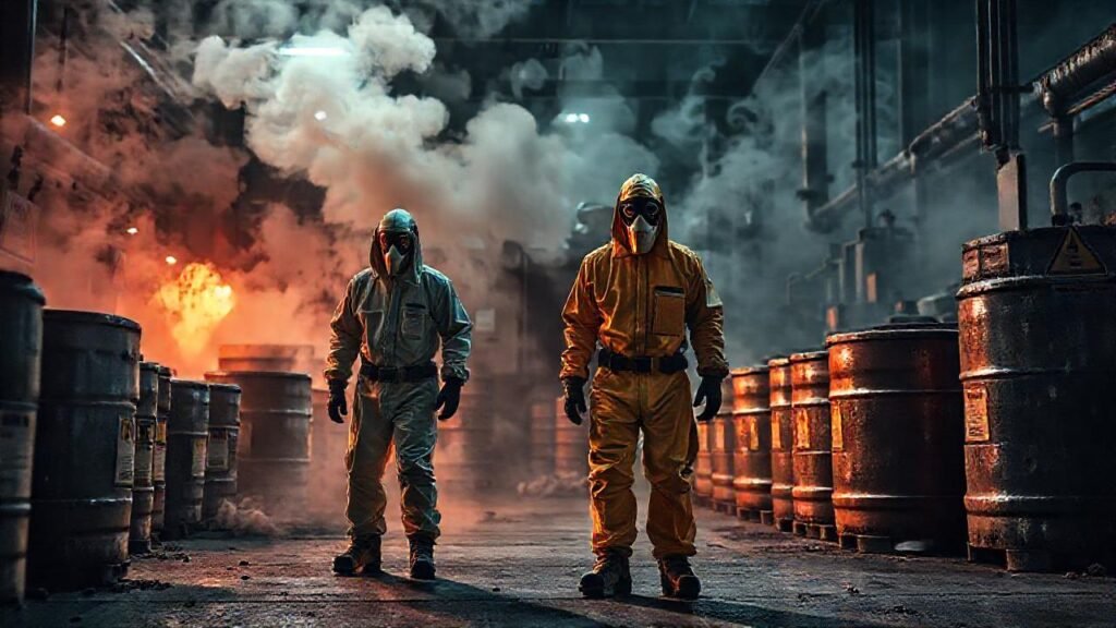 Fábrica de residuos industriales y atmósfera amenazante