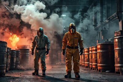 Fábrica de residuos industriales y atmósfera amenazante