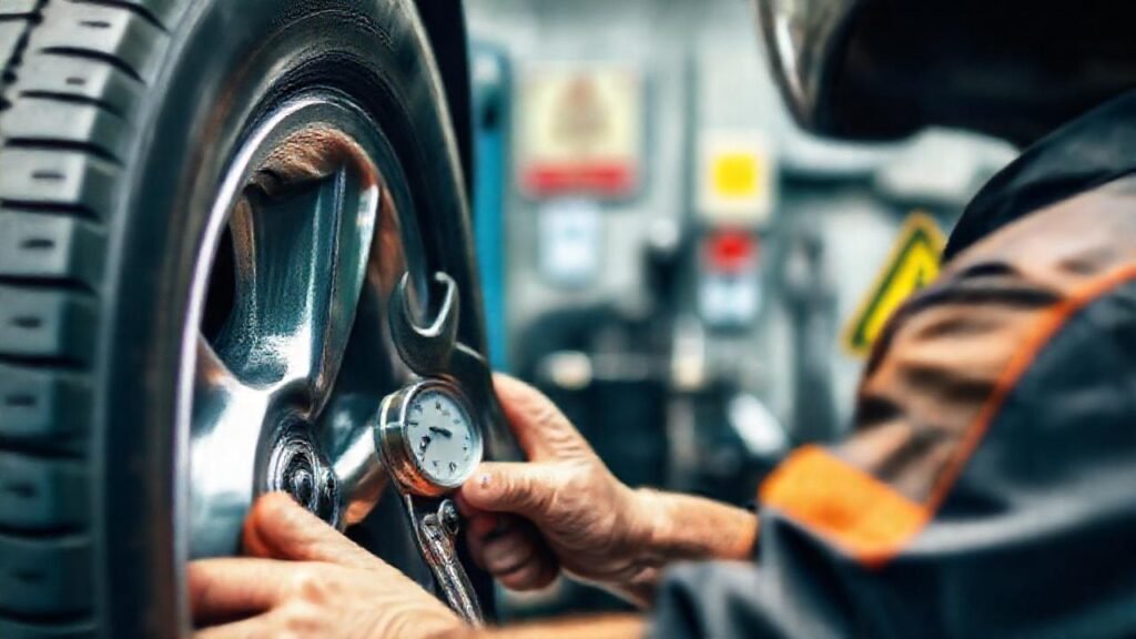 Mecánico revisa neumáticos en taller