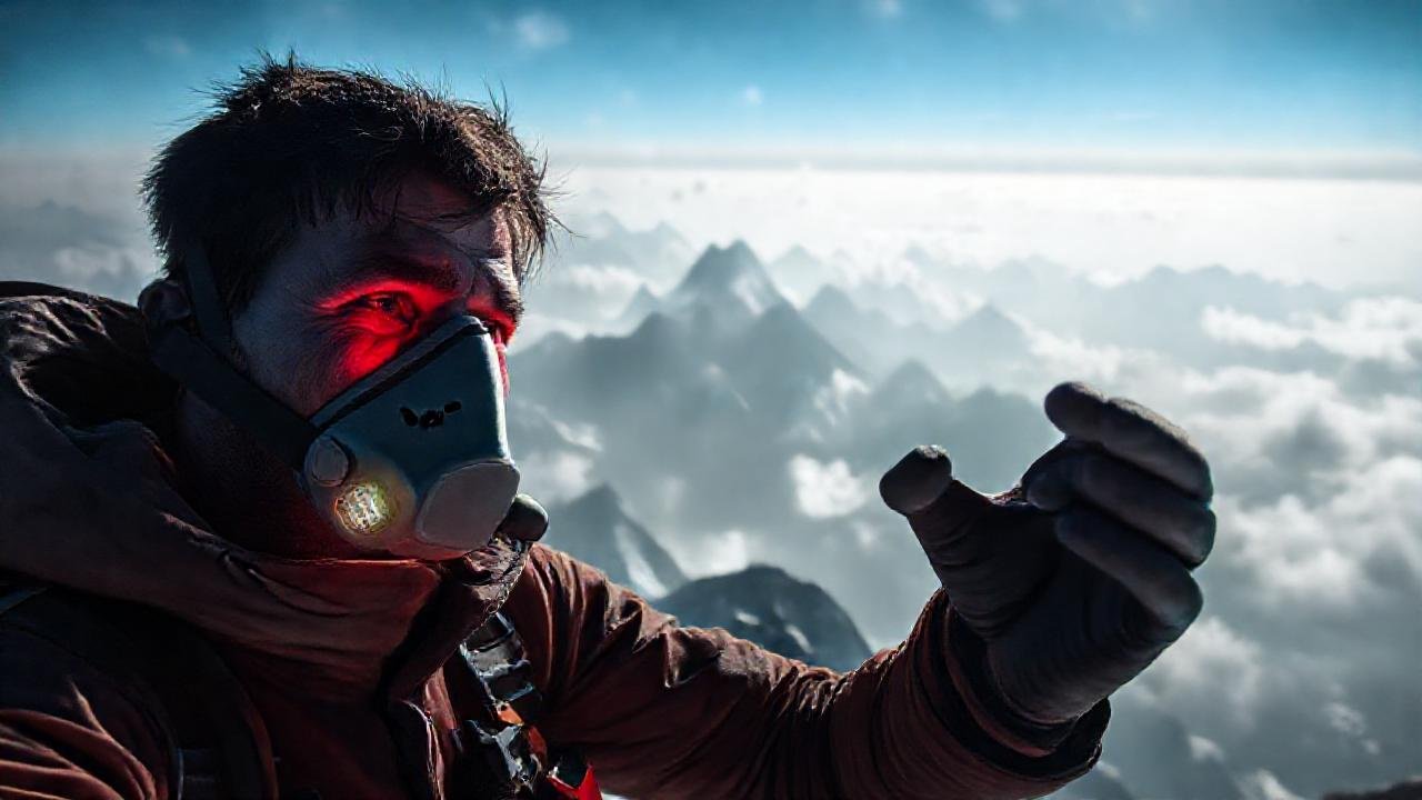 El escalador lucha en la montaña difusa