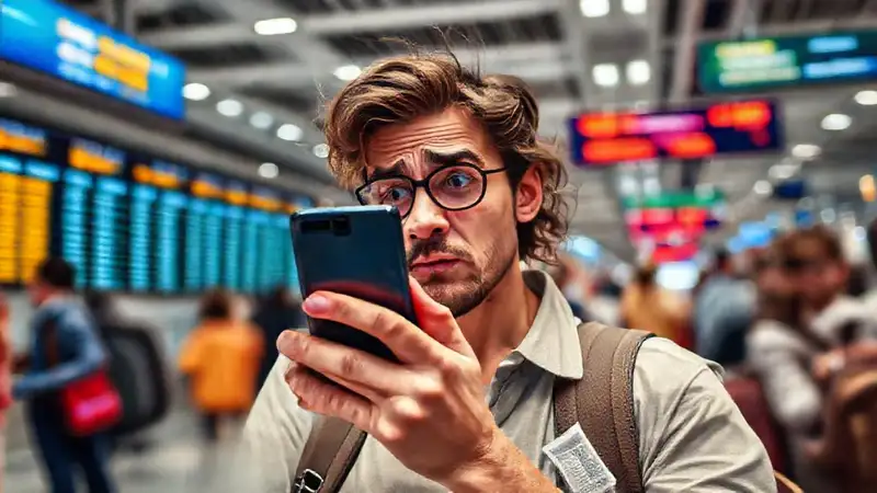 Viajero confundido en aeropuerto digital