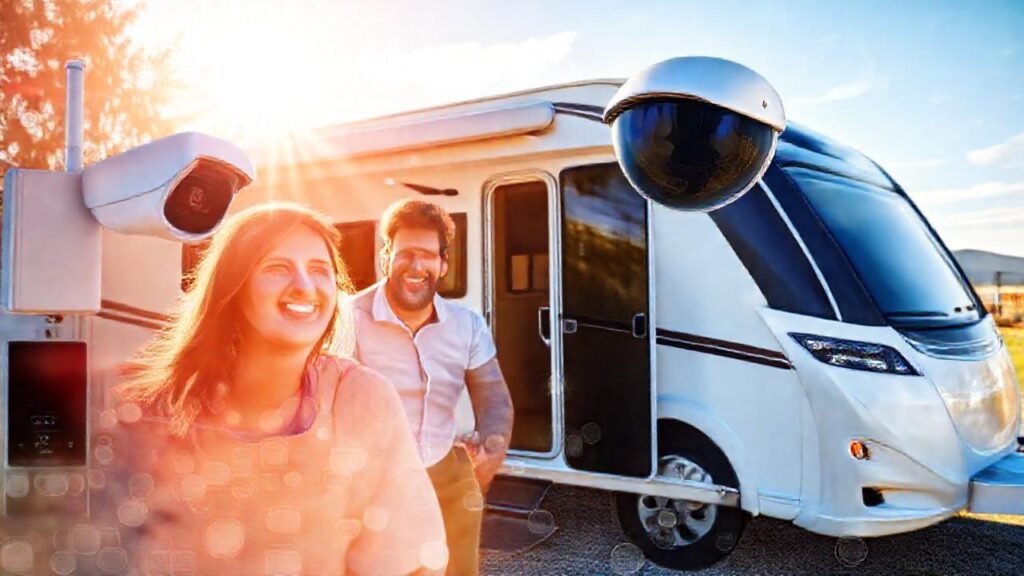 Una familia sonríe en un caravan seguro