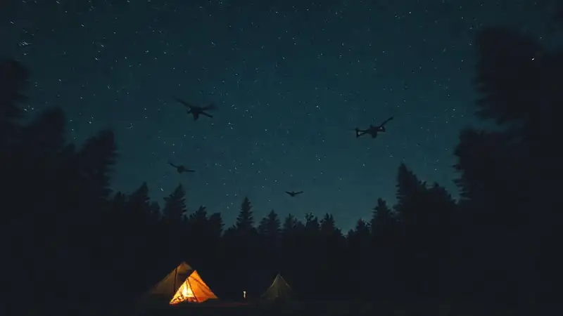 Drones silenciosos iluminan un bosque oscuro